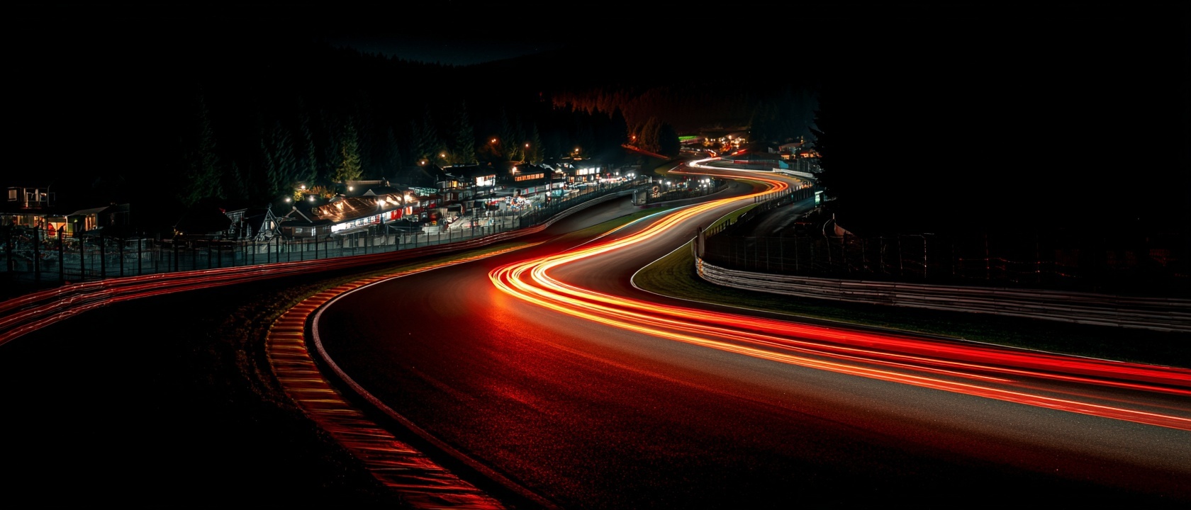 Long-exposure light trails at Spa-Francorchamps racing circuit at night